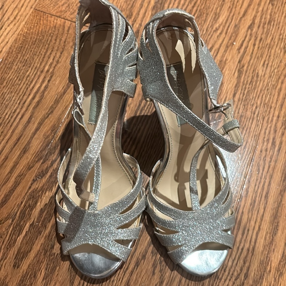 Betsey Johnson silver glittery heels in 7